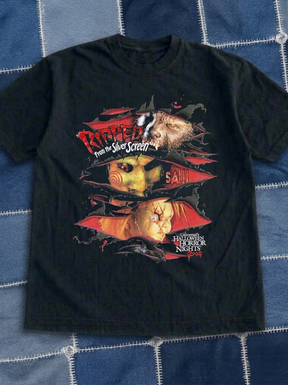 Ripped From the Silver Screen Horror Graphic Tee - Black/Red/Orange - Picture 1 of 2